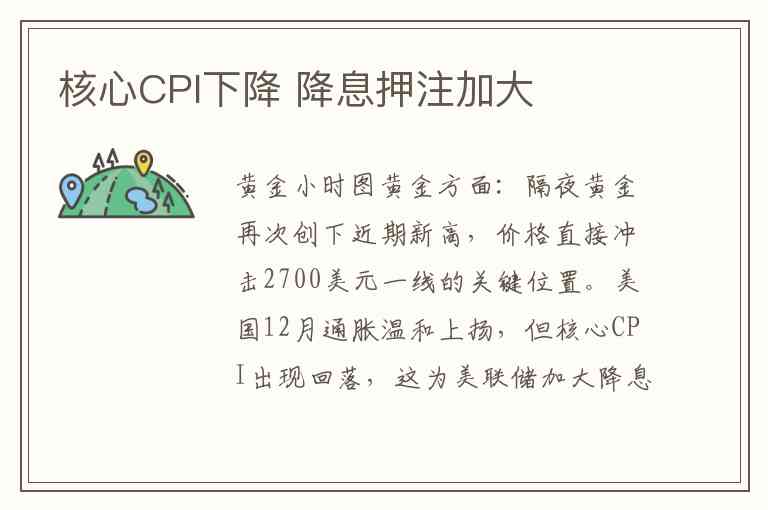 核心CPI下降 降息押注加大